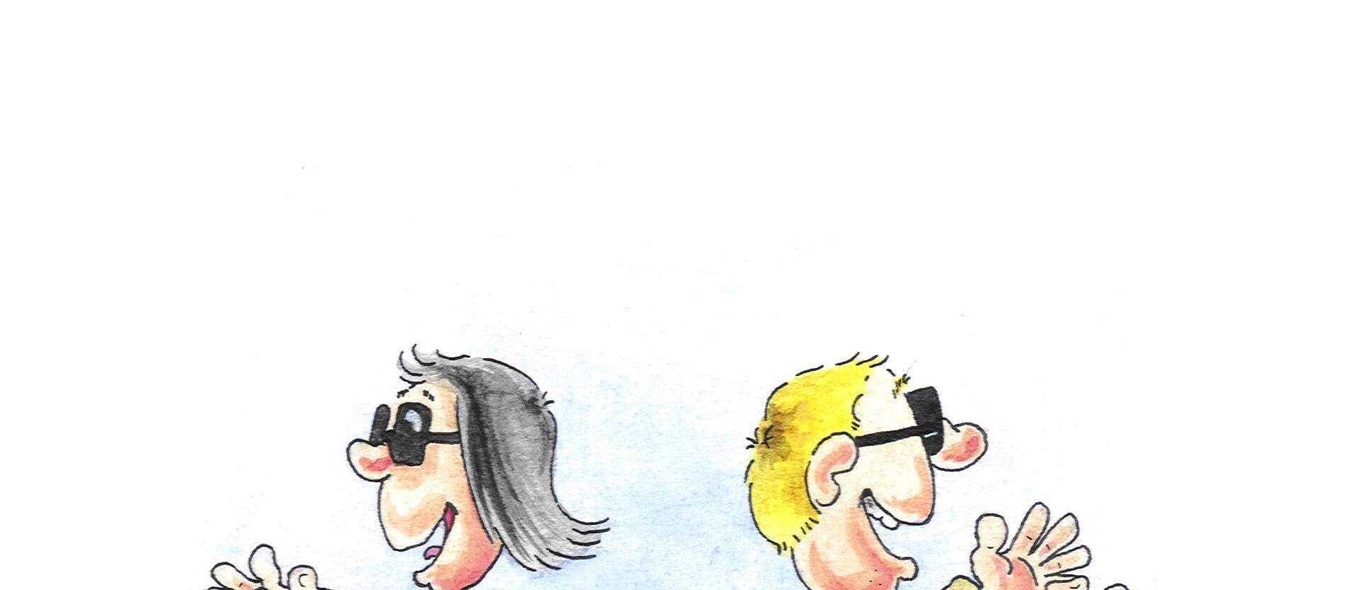 Karikatur von Phil Hubbe "blind Date" eine Karikatur von Phil Hubbe . Man sieht eine männliche und weibliche Comicfigur, mit einem Blindenband am Arm und dunklen Brillen auf. Sie laufen mit ausgestreckten Armen auf einander zu und schliesslich einander vorbei.
