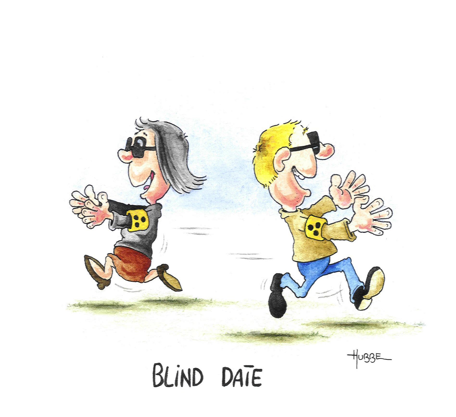 Karikatur von Phil Hubbe "blind Date" eine Karikatur von Phil Hubbe . Man sieht eine männliche und weibliche Comicfigur, mit einem Blindenband am Arm und dunklen Brillen auf. Sie laufen mit ausgestreckten Armen auf einander zu und schliesslich einander vorbei.