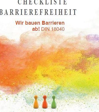 Farbwolke mit Checkliste Barrierefreiheit "Wir bauen Barrieren ab"DIN 18040 und dem Logo der Inklusion Bistum Limburg gelb/rot/grüner Spielfiguren