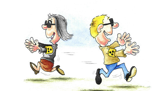Karikatur von Phil Hubbe "blind Date" eine Karikatur von Phil Hubbe . Man sieht eine männliche und weibliche Comicfigur, mit einem Blindenband am Arm und dunklen Brillen auf. Sie laufen mit ausgestreckten Armen auf einander zu und schliesslich einander vorbei.