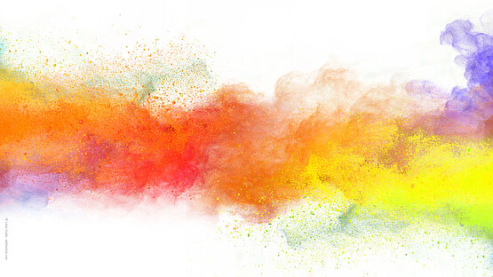 eine bunte Farbwolke in den Farben Lila, Orange, Rot und Grün und Gelb.