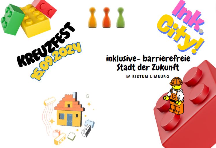 bunte Setzbausteine und Männchen mit der Schrift Ink City inklusive barrierefeeie Stadt der Zukunft